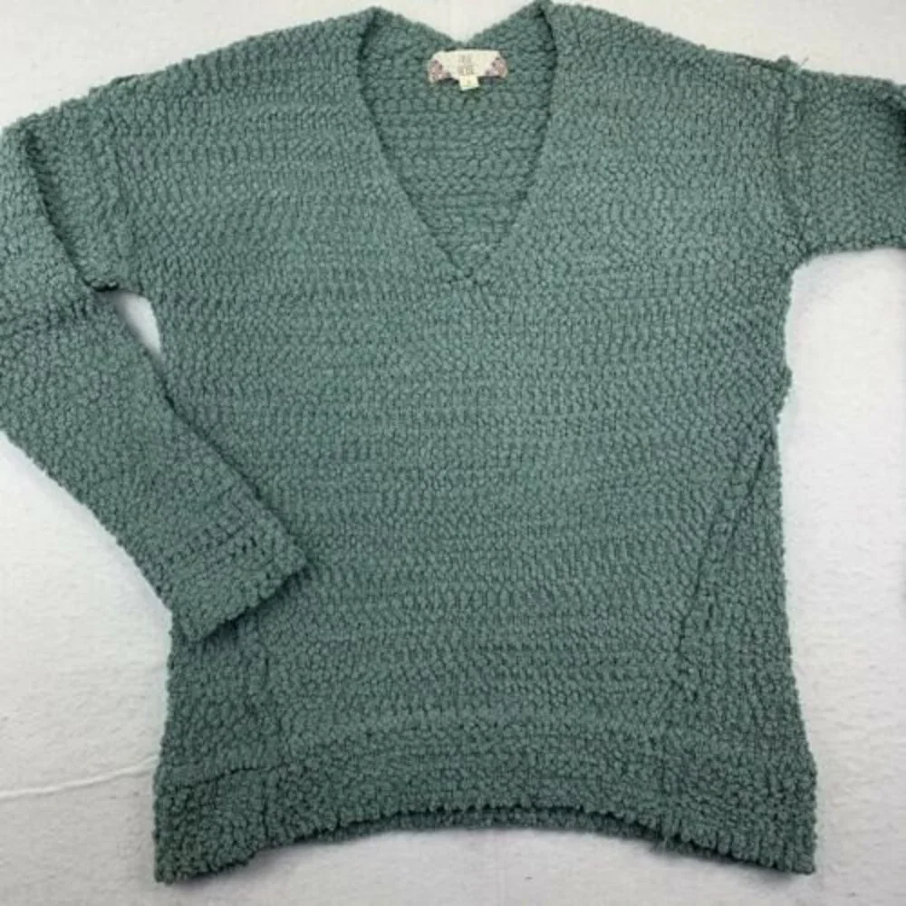 Pink Rose Teal size Small V-Neck Acrylic Knit Sweater Women's Long Sleeve - Picture 2 of 10